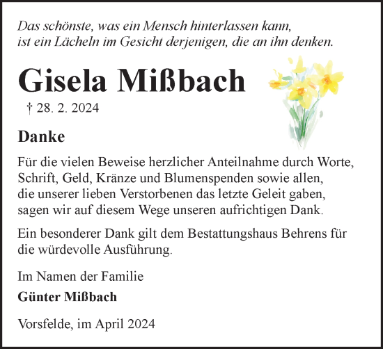 Traueranzeige von Gisela Mißbach von Wolfsburger Nachrichten