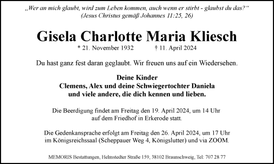 Traueranzeige von Gisela Charlotte Maria Kliesch von Braunschweiger Zeitung