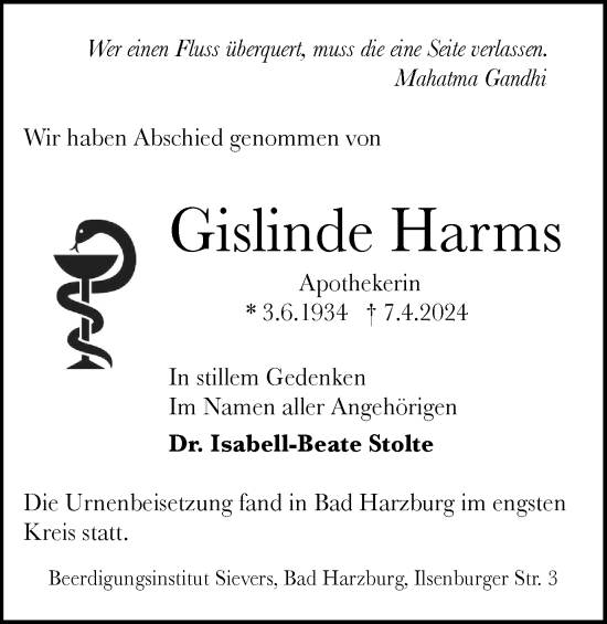 Traueranzeige von Gislinde Harms von Salzgitter-Zeitung