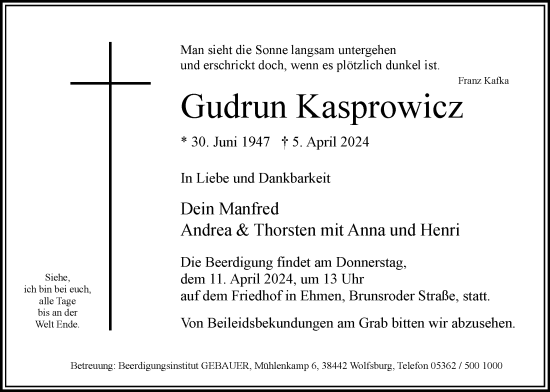 Traueranzeige von Gudrun Kasprowicz von Wolfsburger Nachrichten