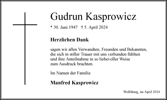 Traueranzeige von Gudrun Kasprowicz von Wolfsburger Nachrichten