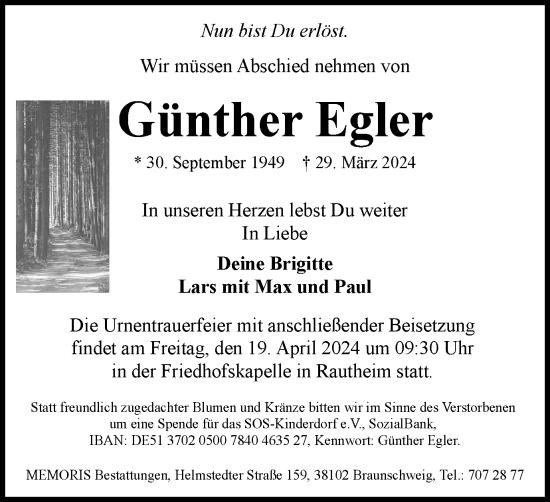 Traueranzeige von Günther Egler von Braunschweiger Zeitung