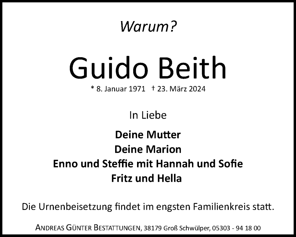  Traueranzeige für Guido Beith vom 06.04.2024 aus Braunschweiger Zeitung