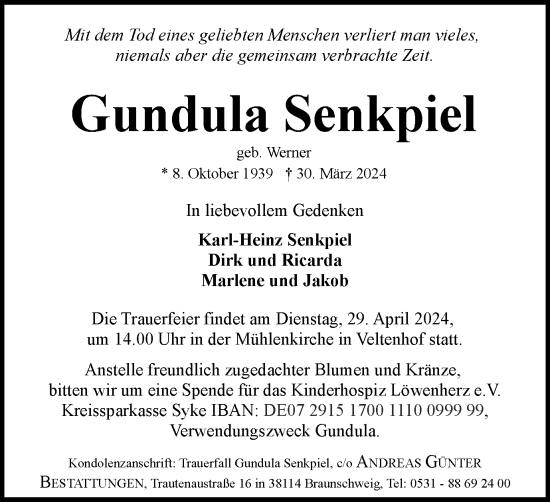 Traueranzeige von Gundula Senkpiel von Braunschweiger Zeitung