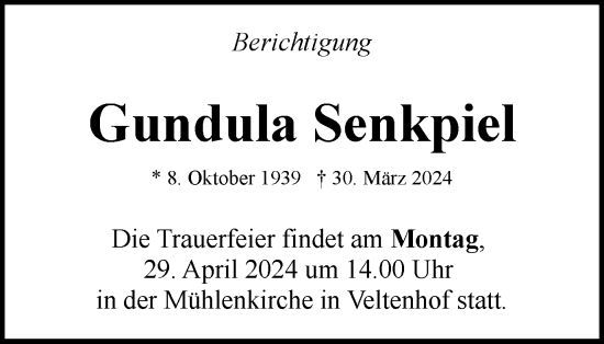 Traueranzeige von Gundula Senkpiel von Braunschweiger Zeitung