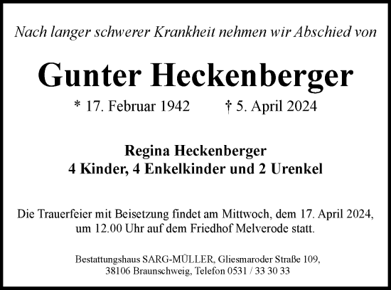 Traueranzeige von Gunter Heckenberger von Braunschweiger Zeitung