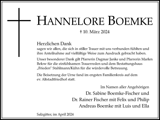 Traueranzeige von Hannelore Boemke von Salzgitter-Zeitung