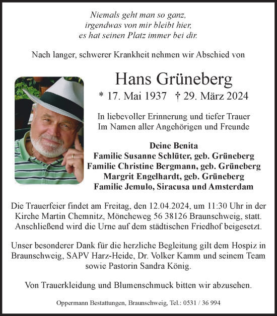 Traueranzeige von Hans Grüneberg von Braunschweiger Zeitung