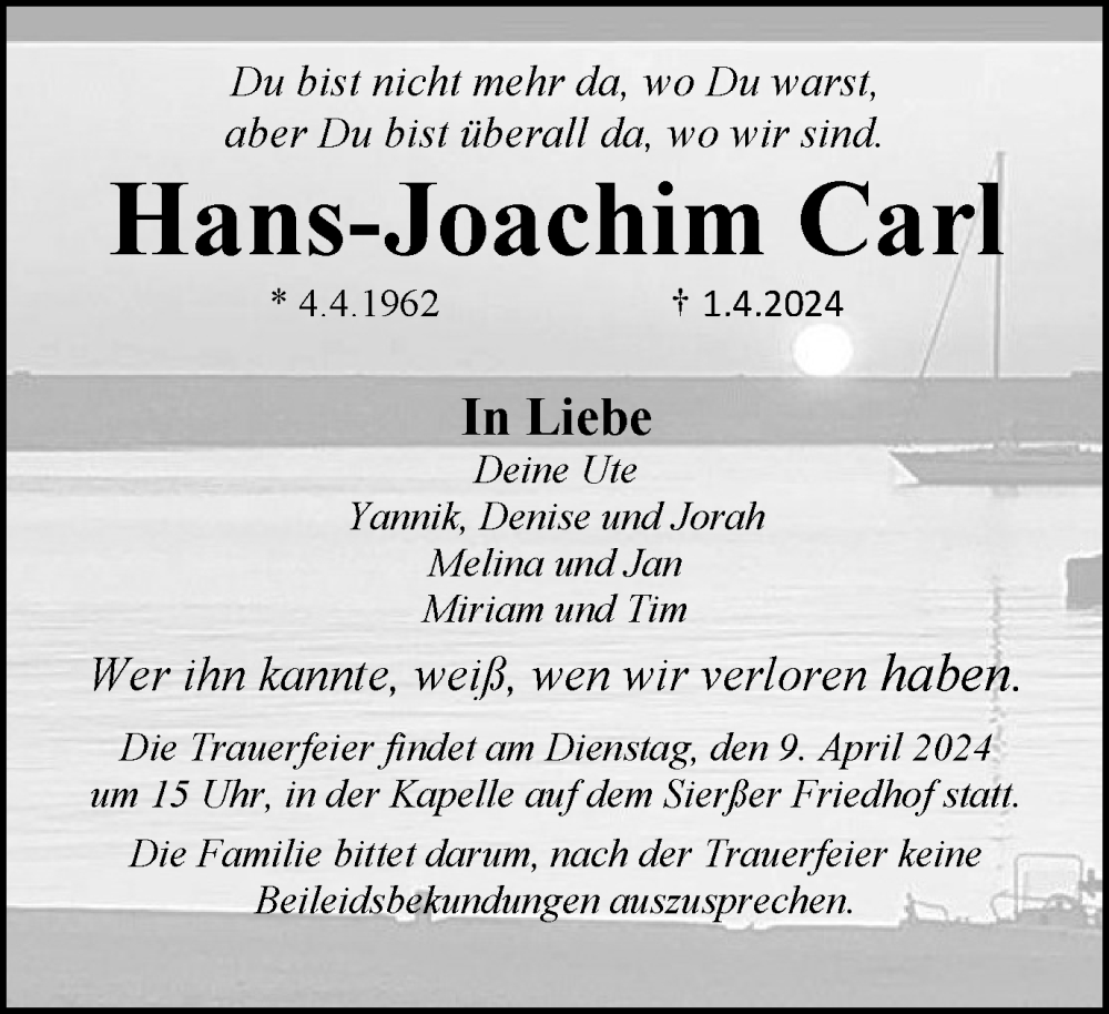  Traueranzeige für Hans-Joachim Carl vom 06.04.2024 aus Peiner Nachrichten