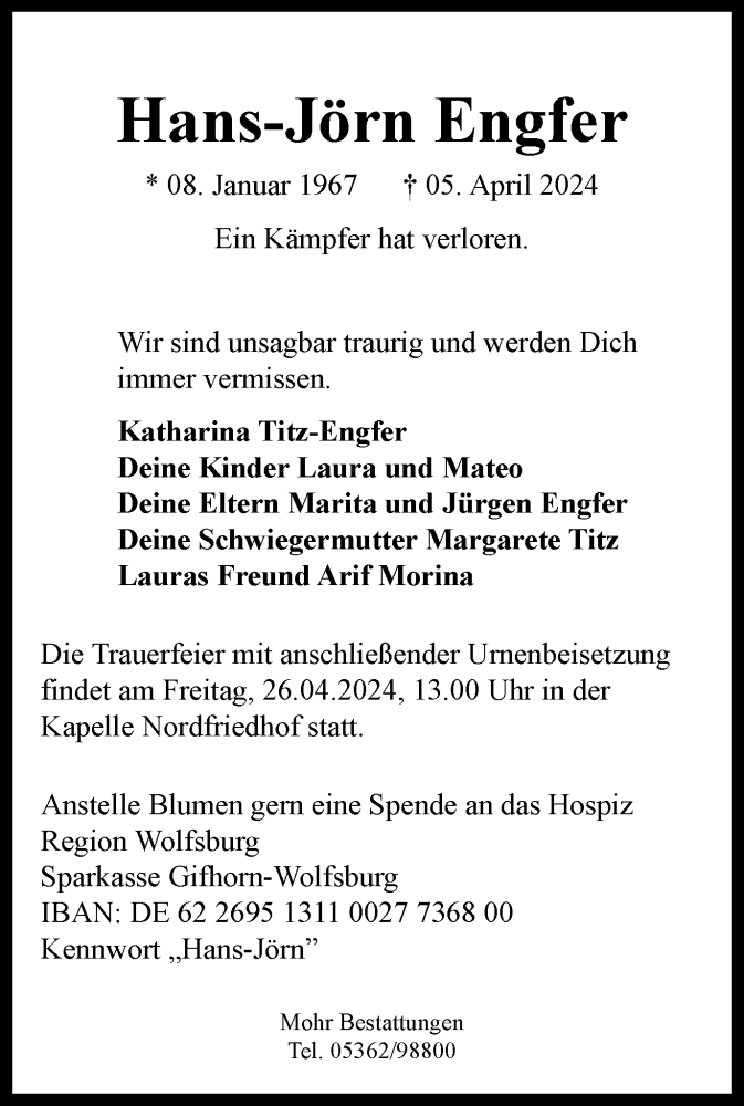  Traueranzeige für Hans-Jörn Engfer vom 11.04.2024 aus Wolfsburger Nachrichten