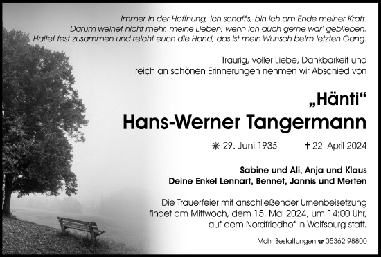 Traueranzeige von Hans-Werner Tangermann von Wolfsburger Nachrichten