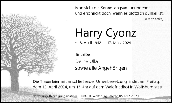 Traueranzeige von Harry Cyonz von Wolfsburger Nachrichten