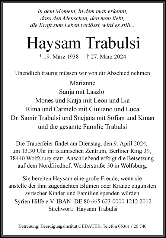 Traueranzeige von Haysam Trabulsi von Wolfsburger Nachrichten