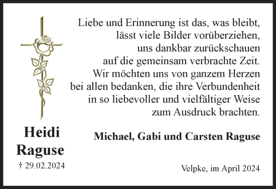 Traueranzeige von Heidi Raguse von Wolfsburger Nachrichten