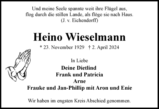 Traueranzeige von Heino Wieselmann von Braunschweiger Zeitung
