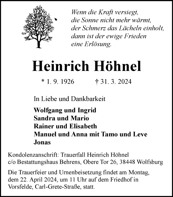 Traueranzeige von Heinrich Höhnel von Wolfsburger Nachrichten