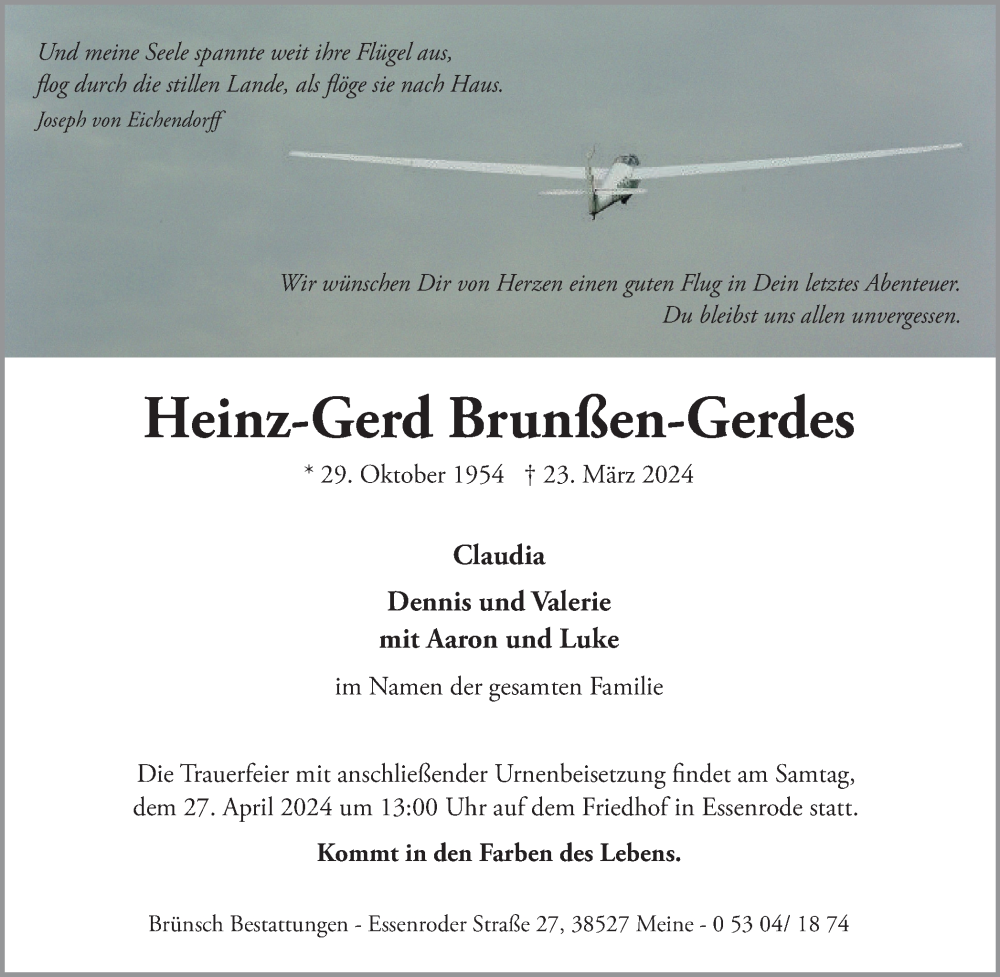  Traueranzeige für Heinz-Gerd Brunßen-Gerdes vom 06.04.2024 aus Braunschweiger Zeitung