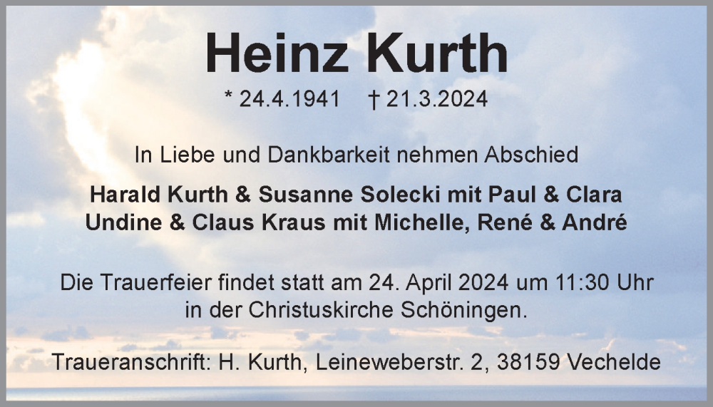  Traueranzeige für Heinz Kurth vom 20.04.2024 aus Braunschweiger Zeitung