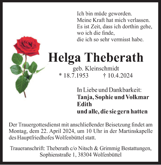 Traueranzeige von Helga Theberath von Wolfenbütteler Zeitung