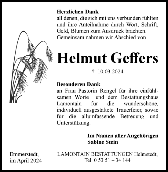 Traueranzeige von Helmut Geffers von Helmstedter Nachrichten