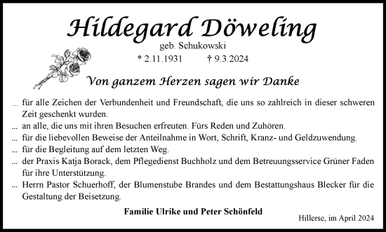 Traueranzeige von Hildegard Döweling von Wolfsburger Nachrichten