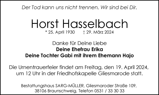 Traueranzeige von Horst Hasselbach von Braunschweiger Zeitung