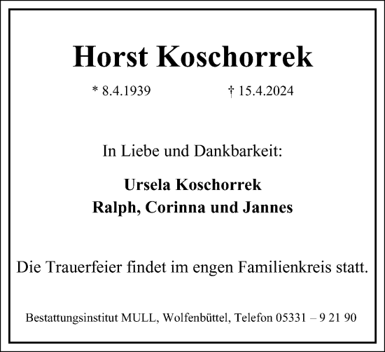 Traueranzeige von Horst Koschorrek von Wolfenbütteler Zeitung