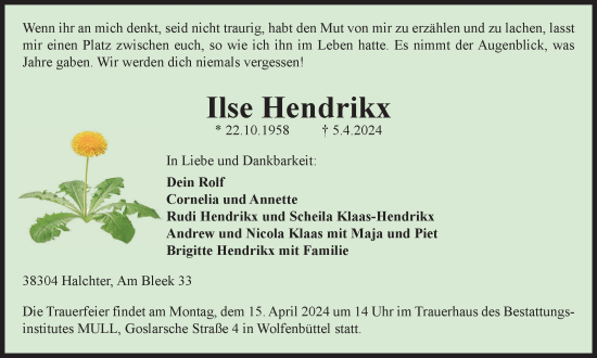 Traueranzeige von Ilse Hendrikx von Wolfenbütteler Zeitung