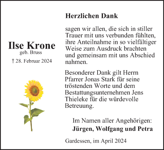 Traueranzeige von Ilse Krone von Wolfenbütteler Zeitung