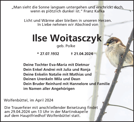 Traueranzeige von Ilse Woitasczyk von Braunschweiger Zeitung