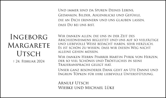 Traueranzeige von Ingeborg Margarete Utsch von Helmstedter Nachrichten