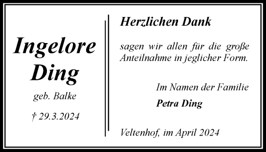 Traueranzeige von Ingelore Ding von Braunschweiger Zeitung