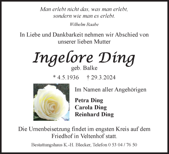 Traueranzeige von Ingelore Ding von Braunschweiger Zeitung