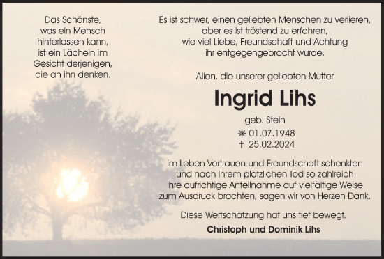 Traueranzeige von Ingrid Lihs von Wolfsburger Nachrichten