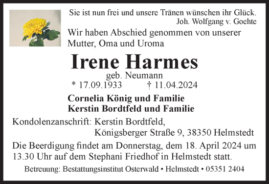 Traueranzeige von Irene Harmes von Helmstedter Nachrichten