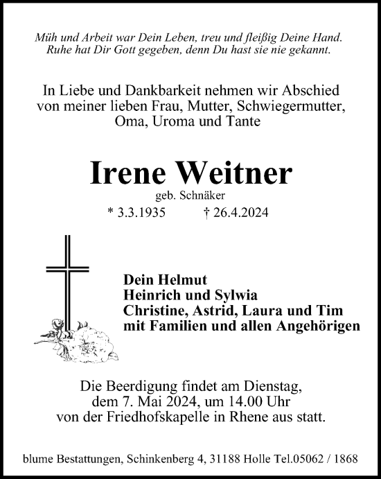 Traueranzeige von Irene Weitner von Salzgitter-Zeitung