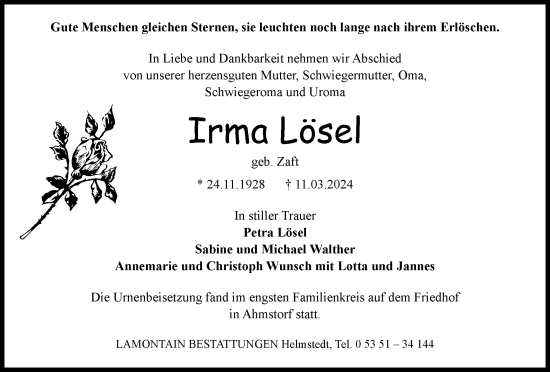 Traueranzeige von Irma Lösel von Helmstedter Nachrichten