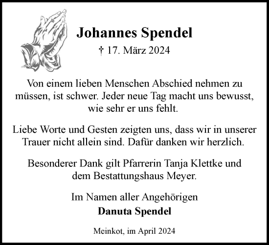 Traueranzeige von Johannes Spendel von Wolfsburger Nachrichten