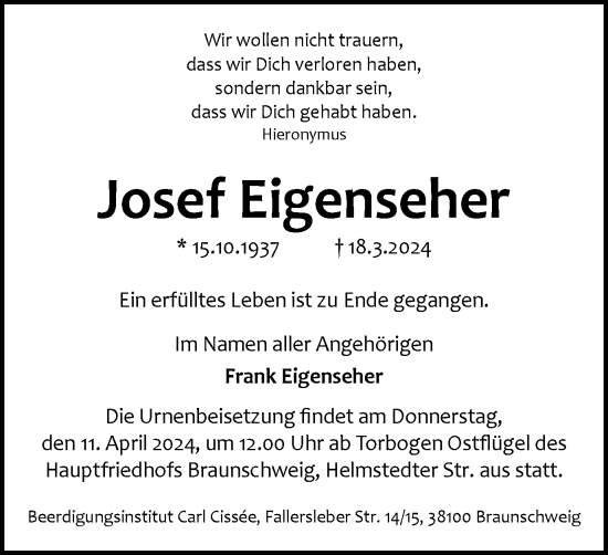Traueranzeige von Josef Eigenseher von Wolfsburger Nachrichten