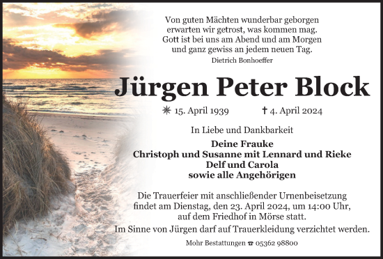 Traueranzeige von Jürgen Peter Block von Wolfsburger Nachrichten