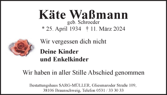 Traueranzeige von Käte Waßmann von Braunschweiger Zeitung