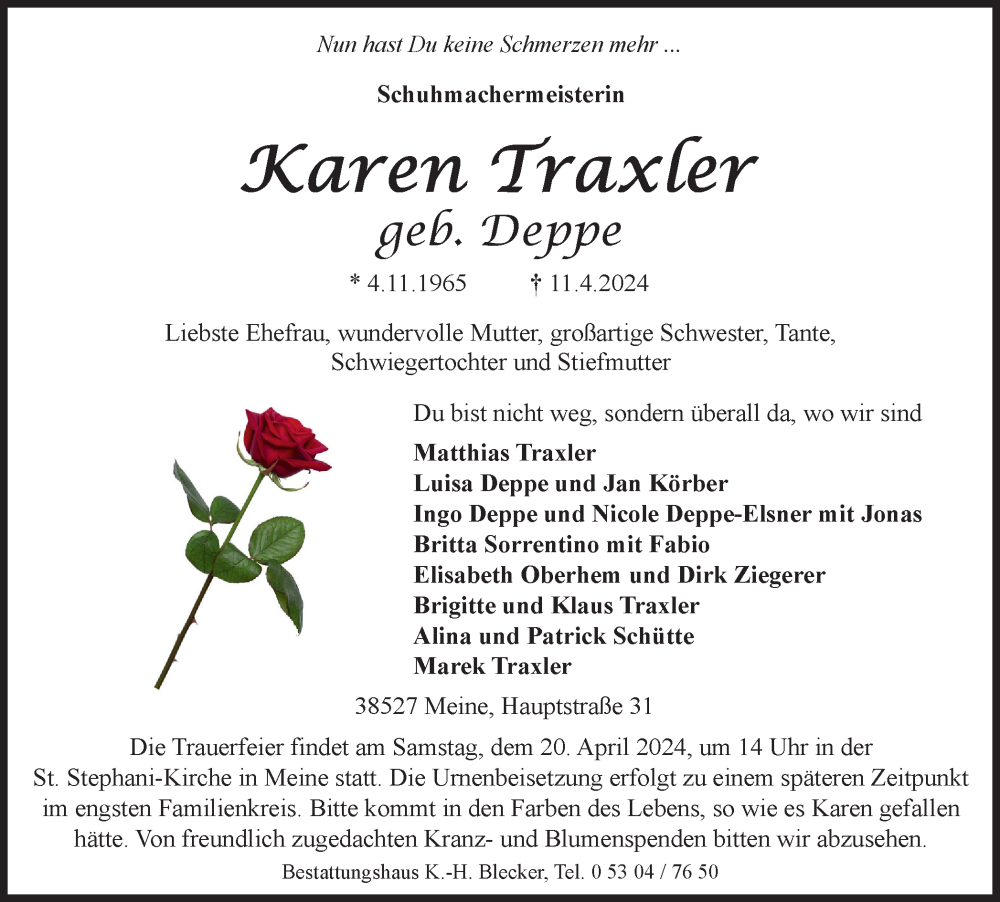  Traueranzeige für Karen Traxler vom 17.04.2024 aus Braunschweiger Zeitung