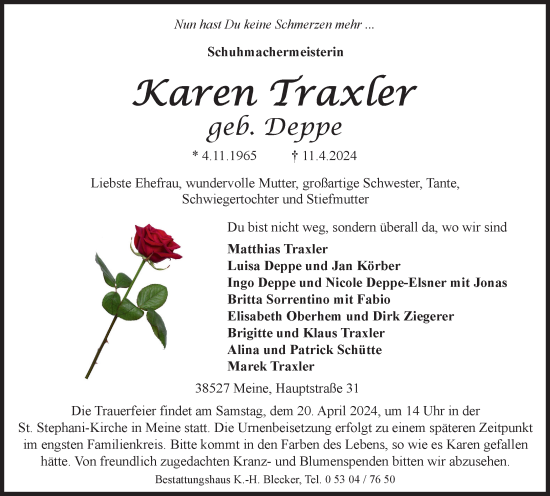 Traueranzeige von Karen Traxler von Braunschweiger Zeitung