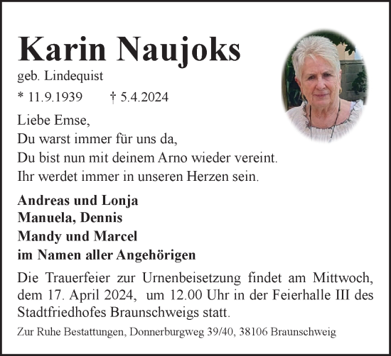 Traueranzeige von Karin Naujoks von Braunschweiger Zeitung