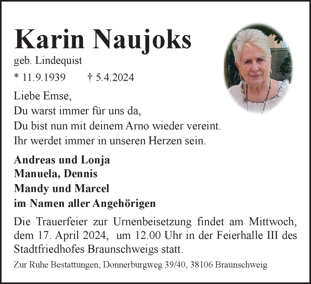  Traueranzeige für Karin Naujoks vom 13.04.2024 aus Braunschweiger Zeitung