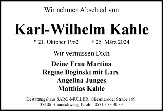 Traueranzeige von Karl-Wilhelm Kahle von Wolfenbütteler Zeitung