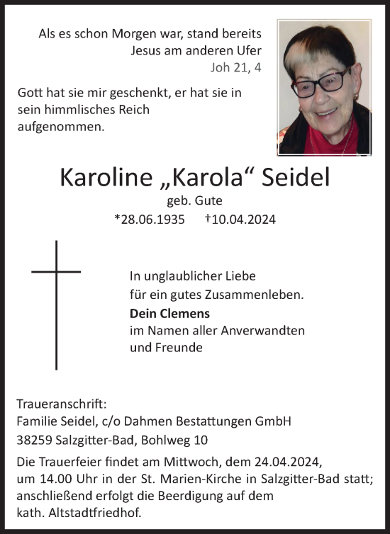 Traueranzeige von Karoline Seidel von Salzgitter-Zeitung