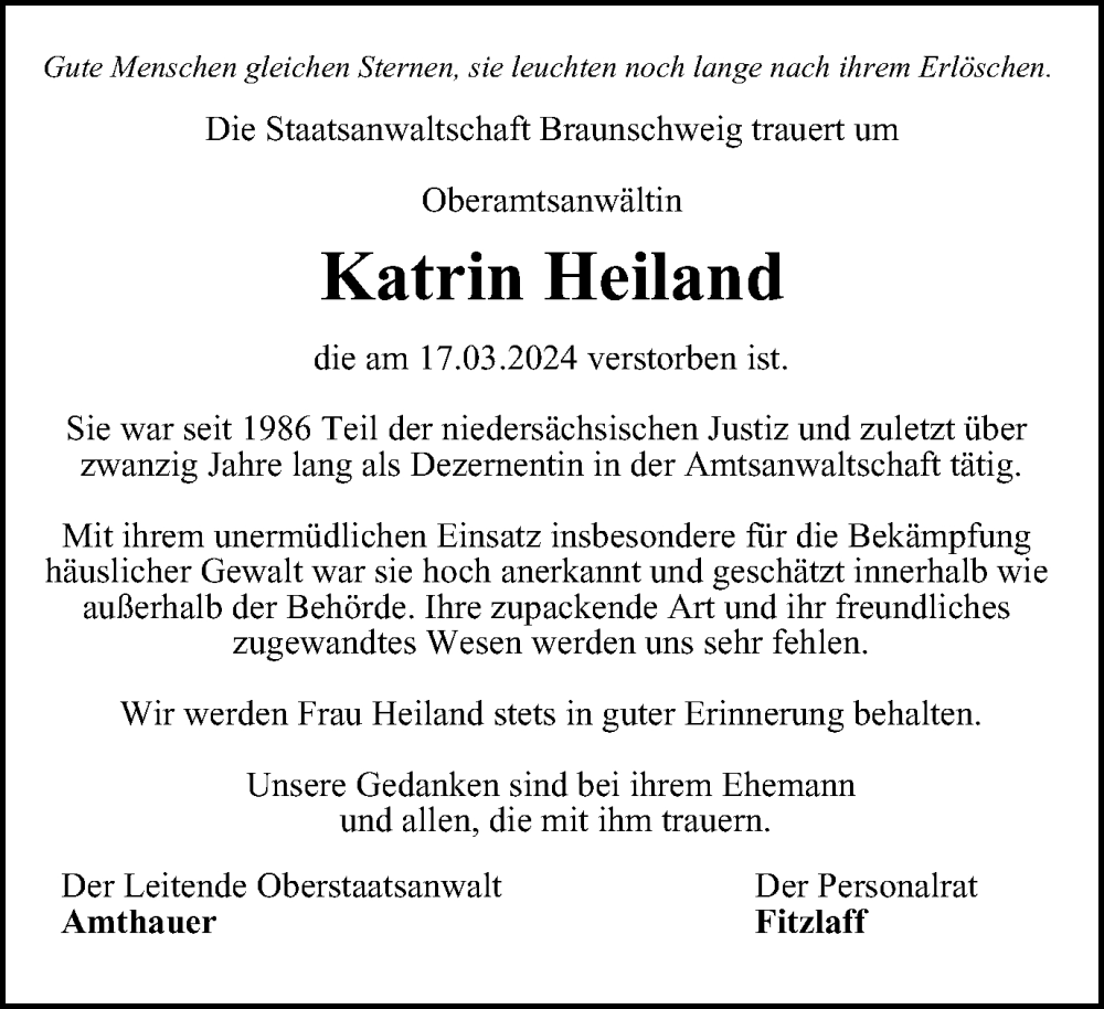  Traueranzeige für Katrin Heiland vom 13.04.2024 aus Braunschweiger Zeitung