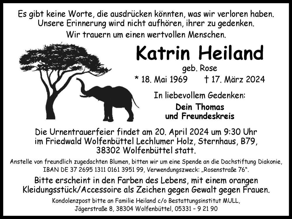  Traueranzeige für Katrin Heiland vom 06.04.2024 aus Braunschweiger Zeitung