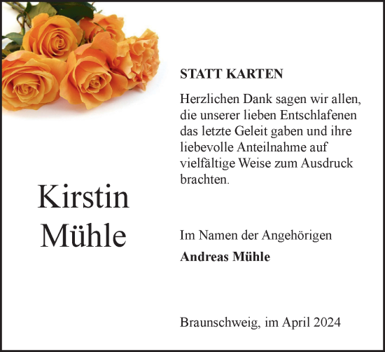 Traueranzeige von Kirstin Mühle von Braunschweiger Zeitung